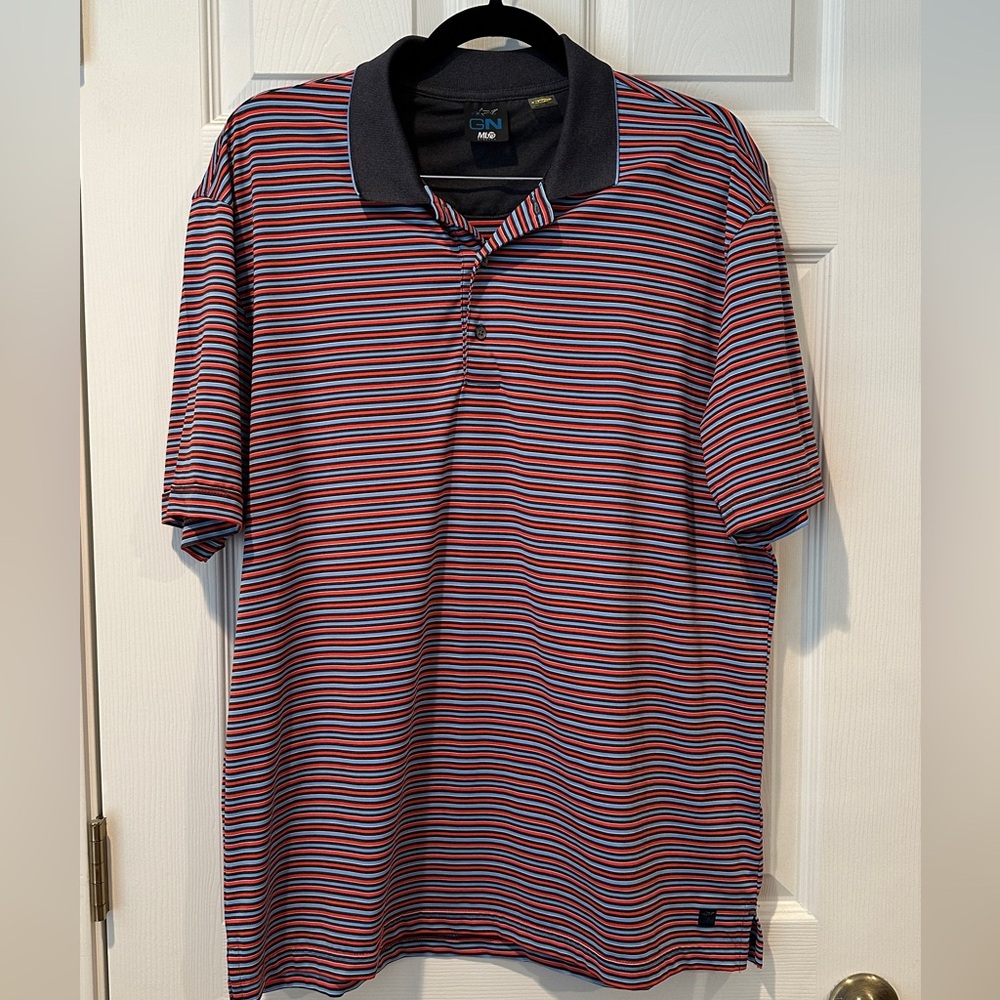 Greg Norman ML75 Landscape Polo, Blue and Red Striped Men’s Polo for Golf